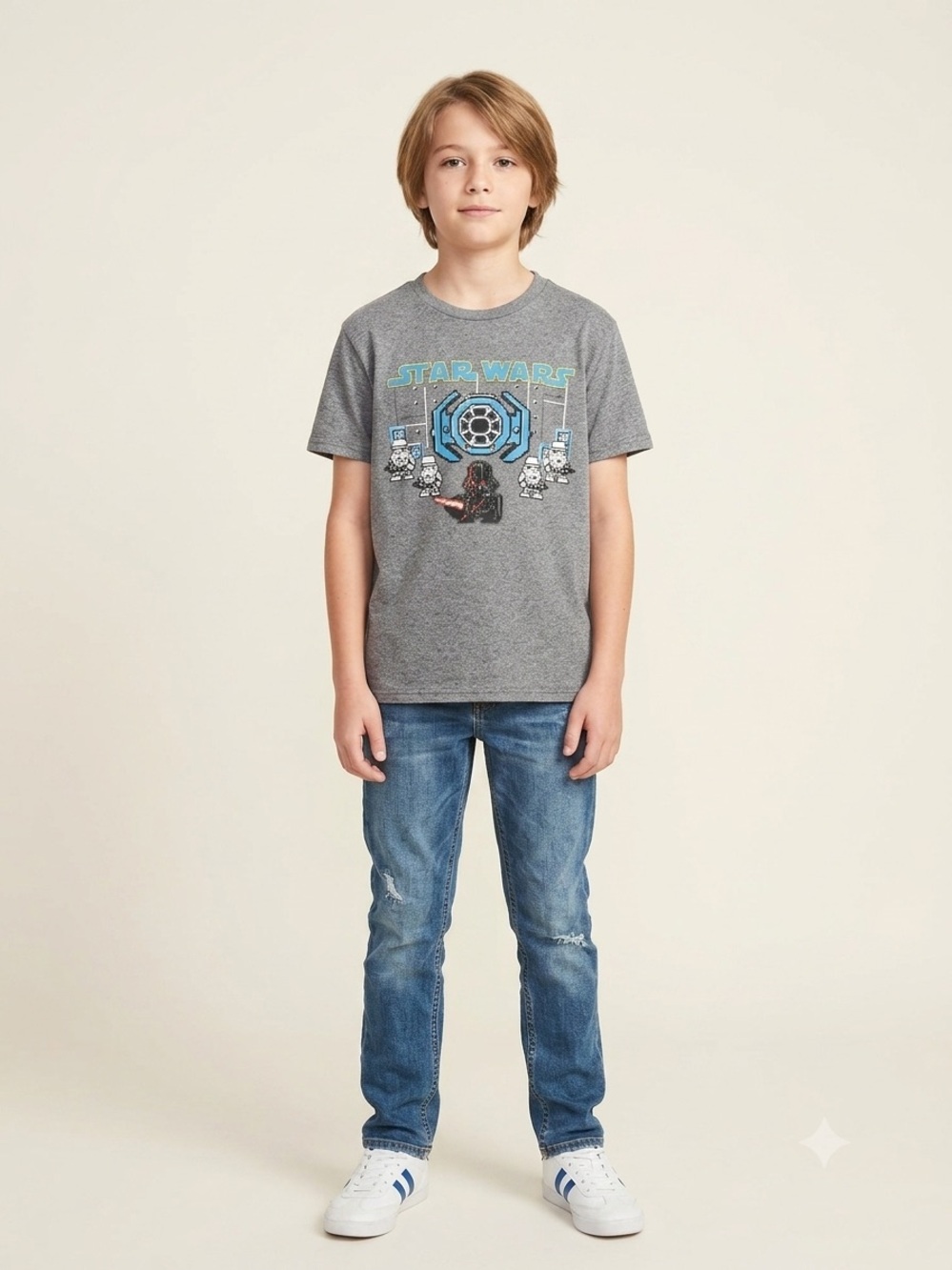 Star Wars Boys MD Gray Pixel Art Graphic T-Shirt Darth Vader TIE Fighter Stormtr